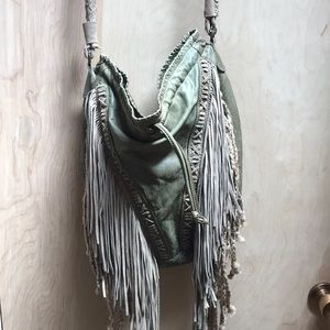 Free People Fringe Bag Purse, Army Green Leather